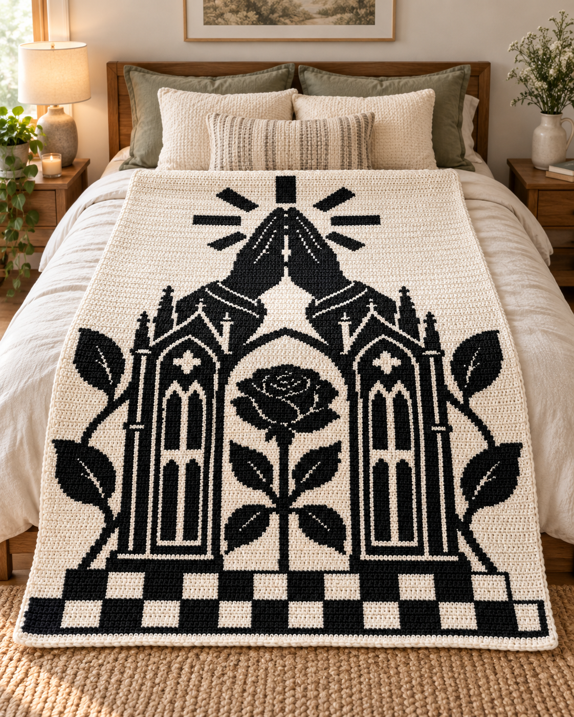Praying Hands Gothic Rose C2C Crochet Mosaic Pattern-Digital Download