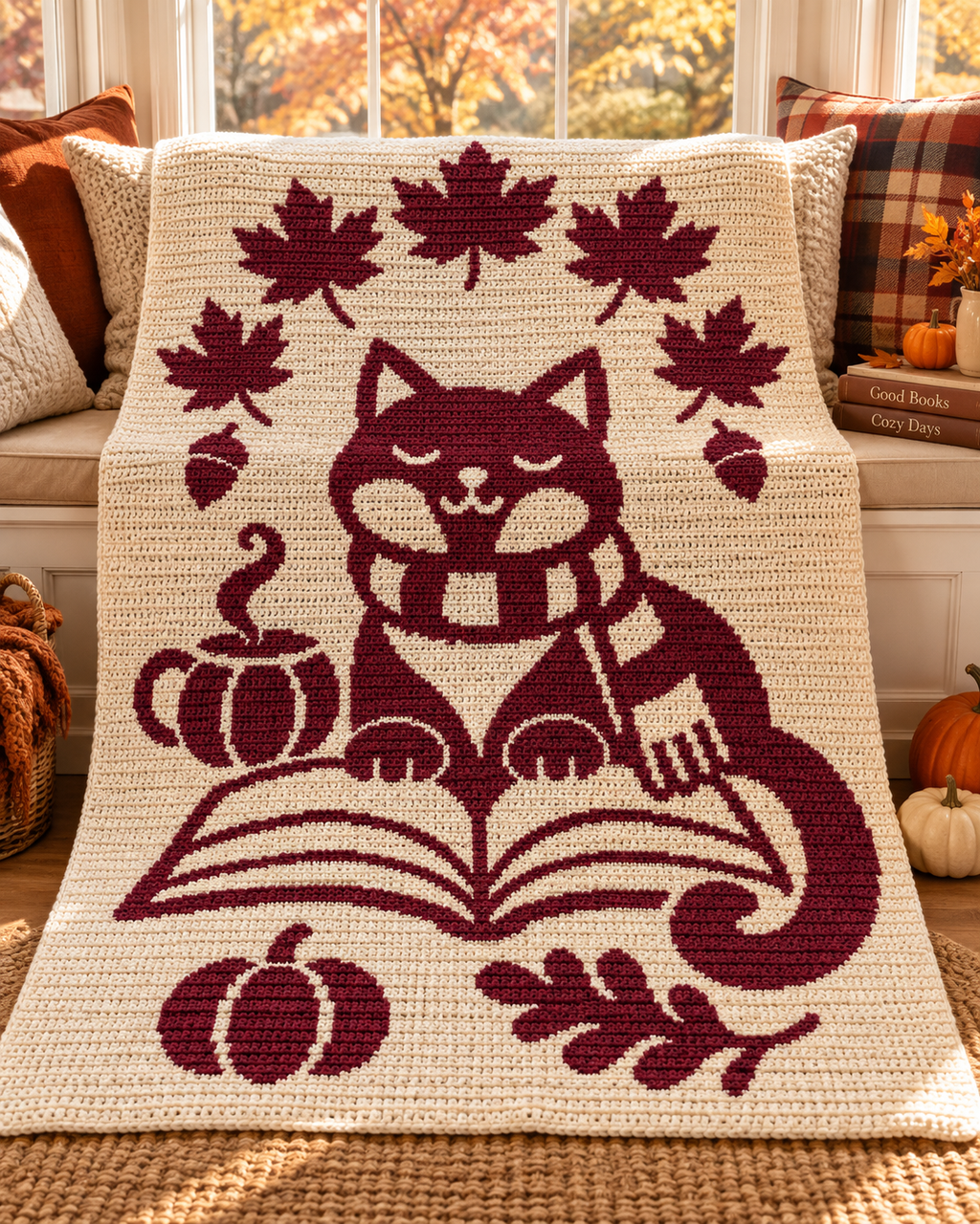 Reading Cat Autumn C2C Crochet Mosaic Pattern-Digital Download