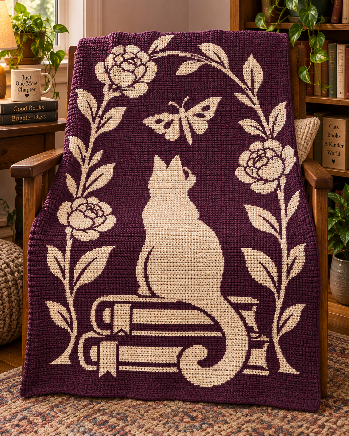 Cat Butterfly Book Arch C2C Crochet Mosaic Pattern-Digital Download