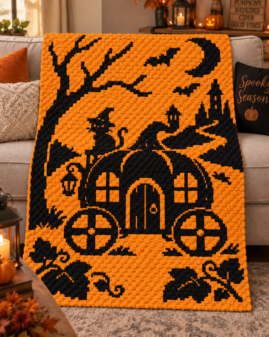 Halloween Carriage Cat C2C Crochet Mosaic Pattern-Digital Download