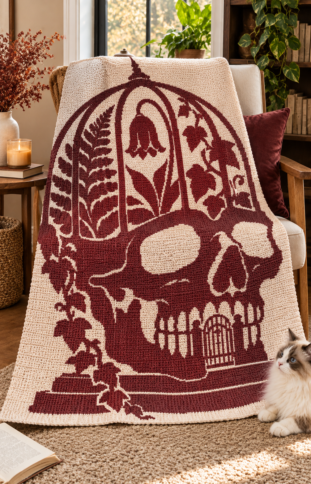 Botanical Skull Conservatory C2C Crochet Mosaic Pattern-Digital Download
