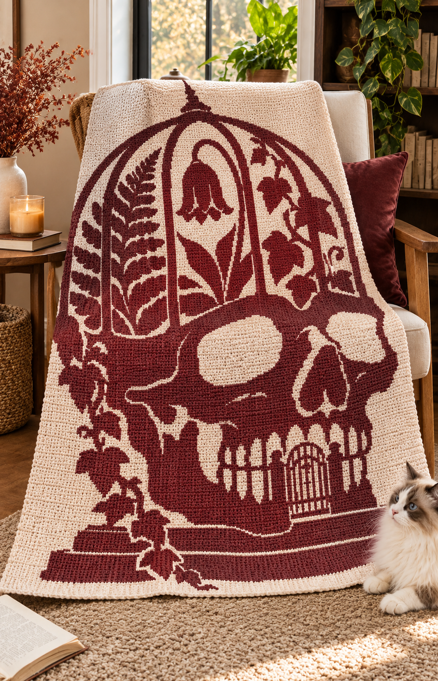 Botanical Skull Conservatory C2C Crochet Mosaic Pattern-Digital Download