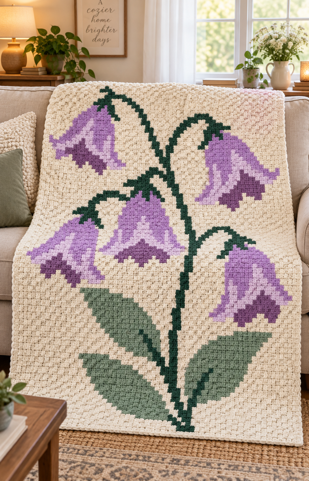 Purple Bellflowers C2C Crochet Blanket Pattern PDF-Digital Download