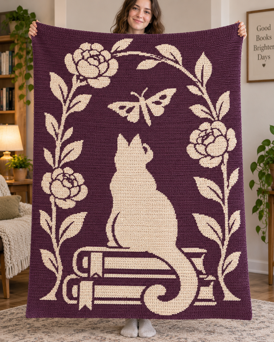 Cat Butterfly Book Arch C2C Crochet Mosaic Pattern-Digital Download