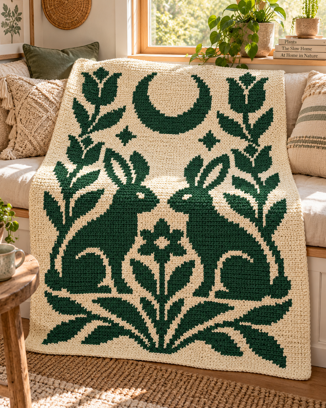 Twin Rabbits Moon C2C Crochet Mosaic Pattern-Digital Download