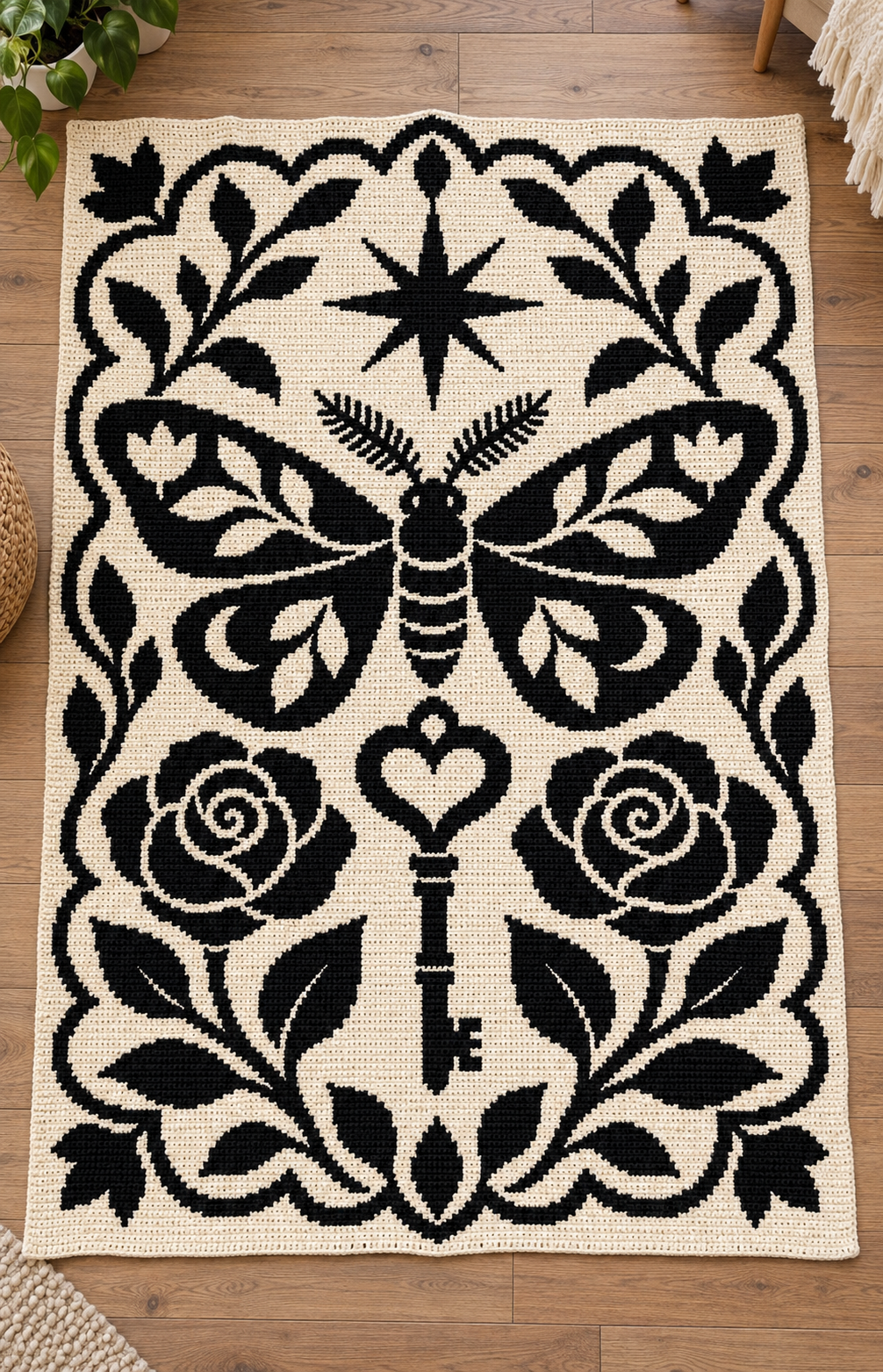 Moth Rose Heart Key C2C Crochet Mosaic Pattern-Digital Download