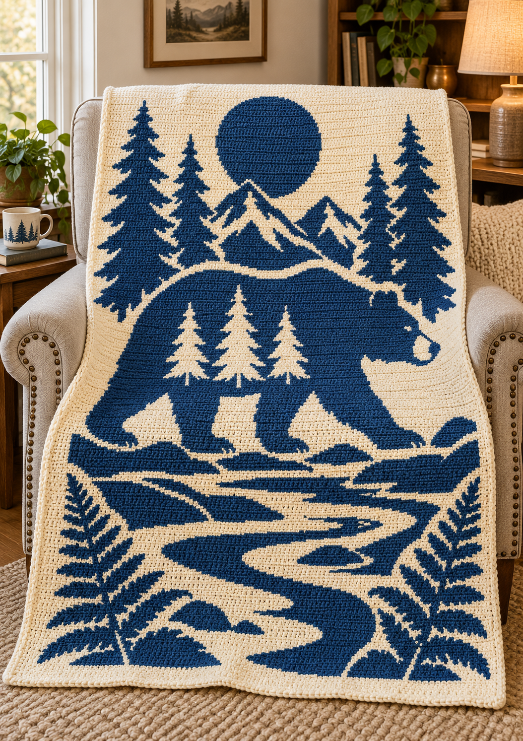 Bear Moon Mountains C2C Crochet Mosaic Pattern-Digital Download