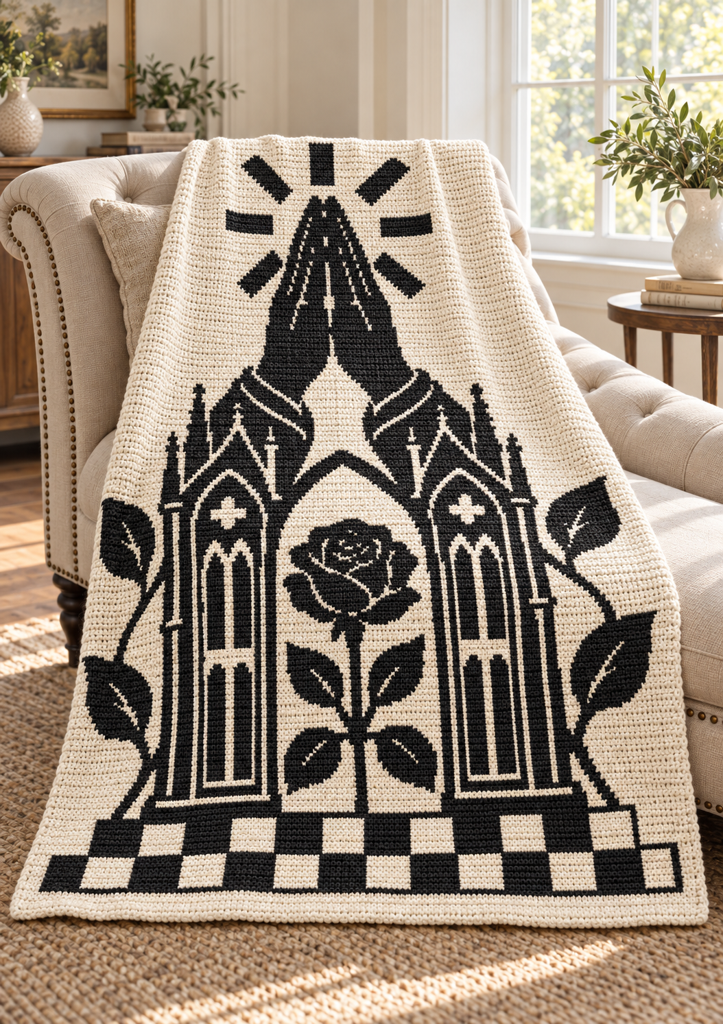 Praying Hands Gothic Rose C2C Crochet Mosaic Pattern-Digital Download