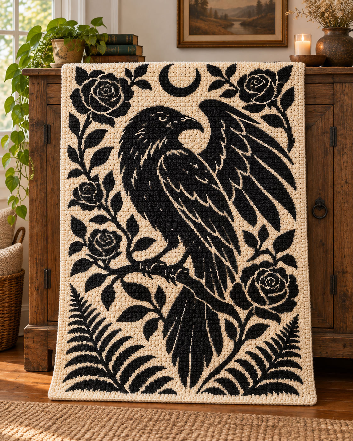 Raven and Roses C2C Crochet Mosaic Pattern-Digital Download