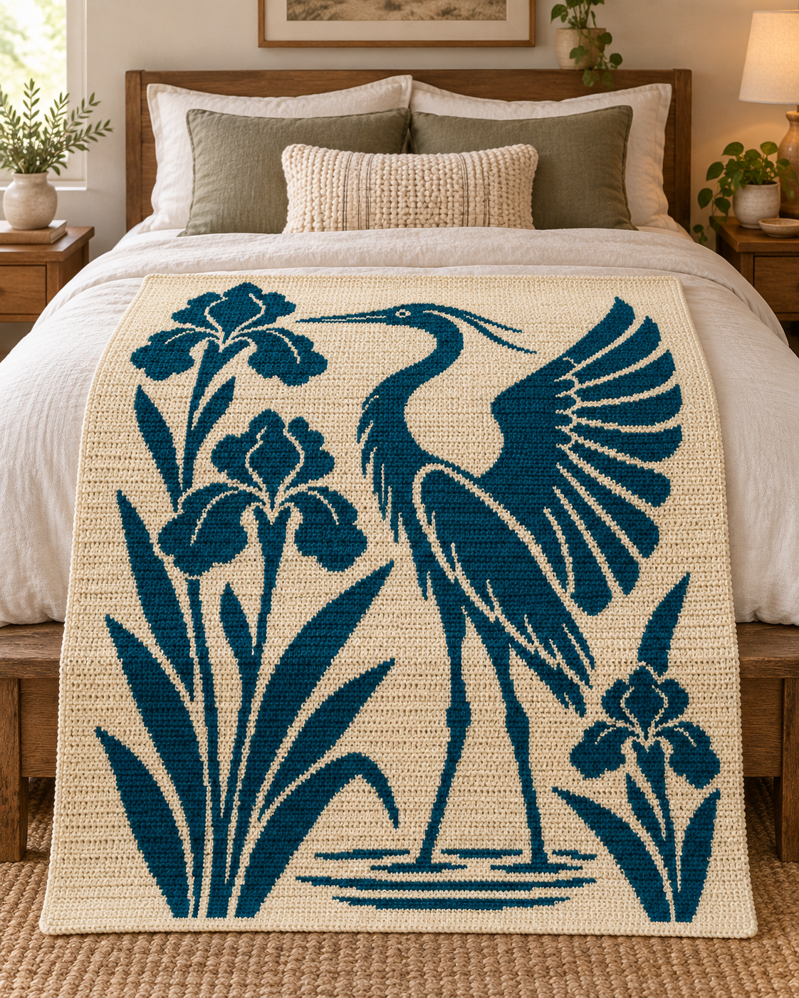 Heron and Irises C2C Crochet Mosaic Pattern-Digital Download