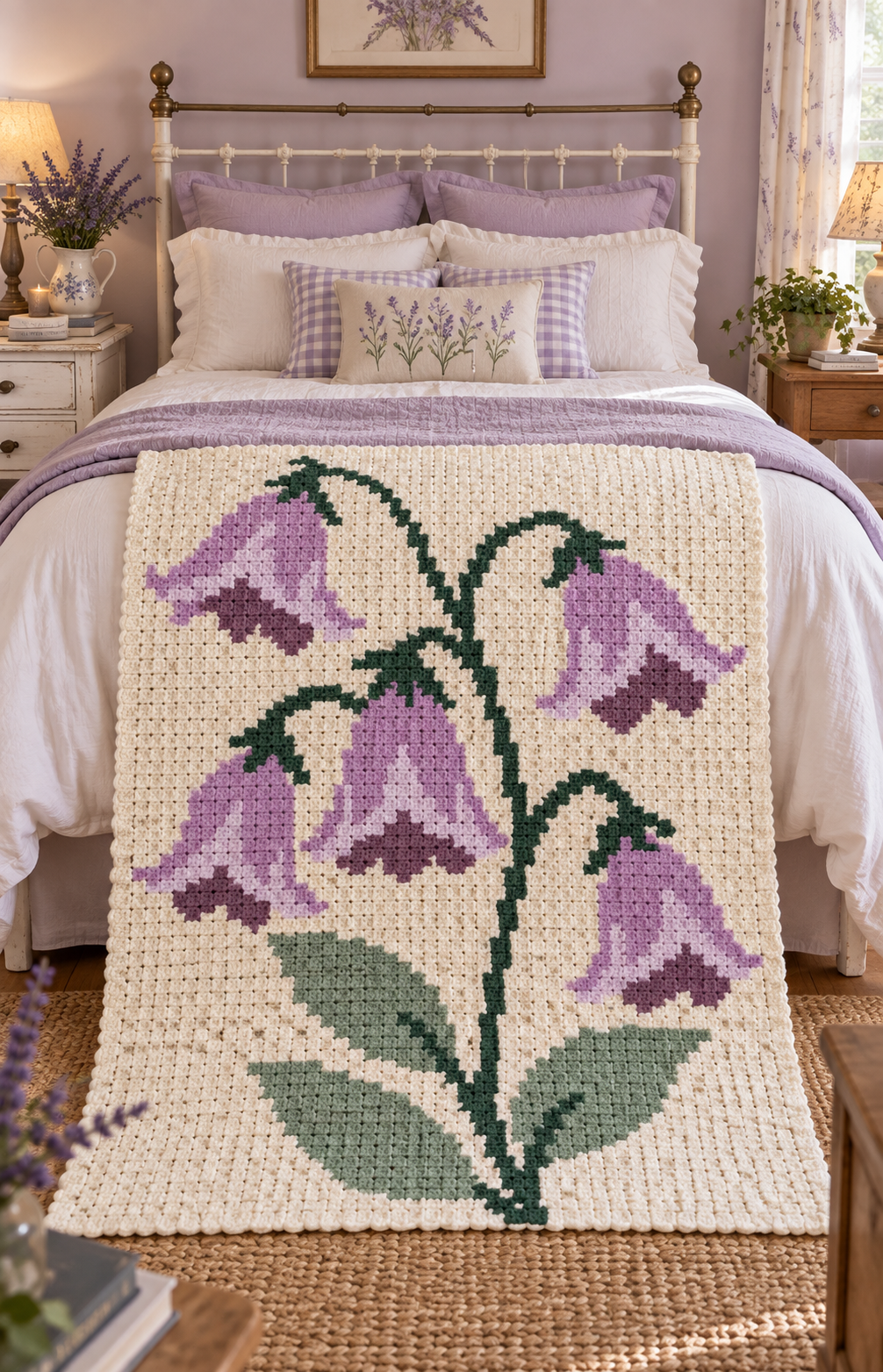 Purple Bellflowers C2C Crochet Blanket Pattern PDF-Digital Download