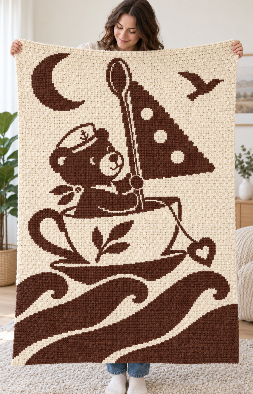 Sailor Bear Teacup C2C Crochet Mosaic Pattern-Digital Download