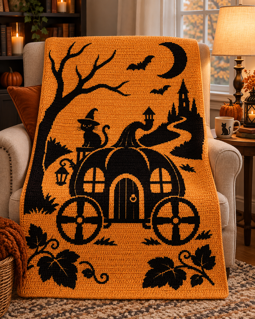 Halloween Carriage Cat C2C Crochet Mosaic Pattern-Digital Download