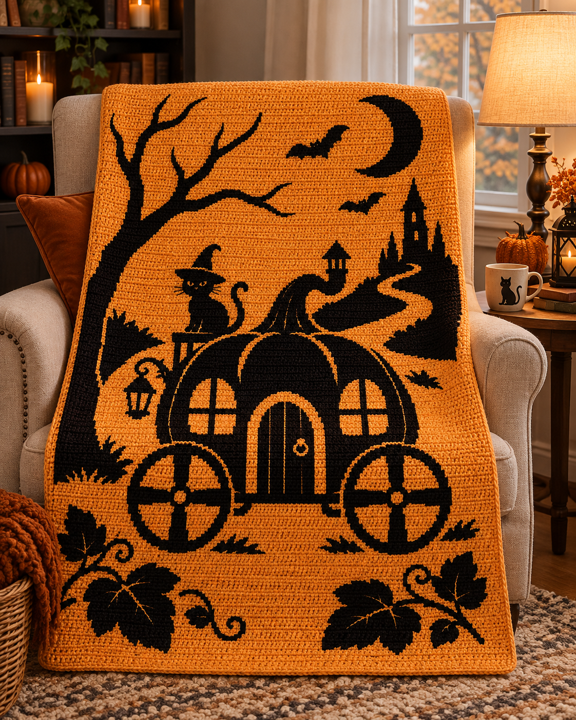 Halloween Carriage Cat C2C Crochet Mosaic Pattern-Digital Download