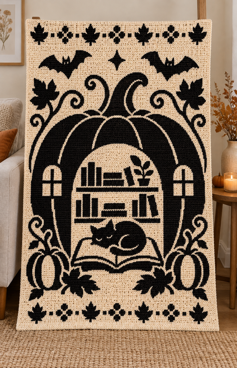 Halloween Library Cat C2C Crochet Mosaic Pattern-Digital Download