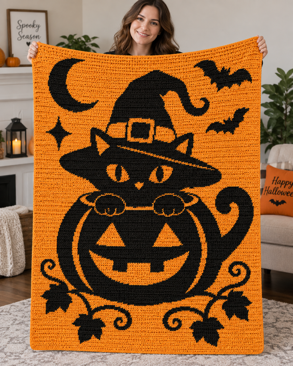 Pumpkin Witch Cat C2C Crochet Pattern-Digital Download