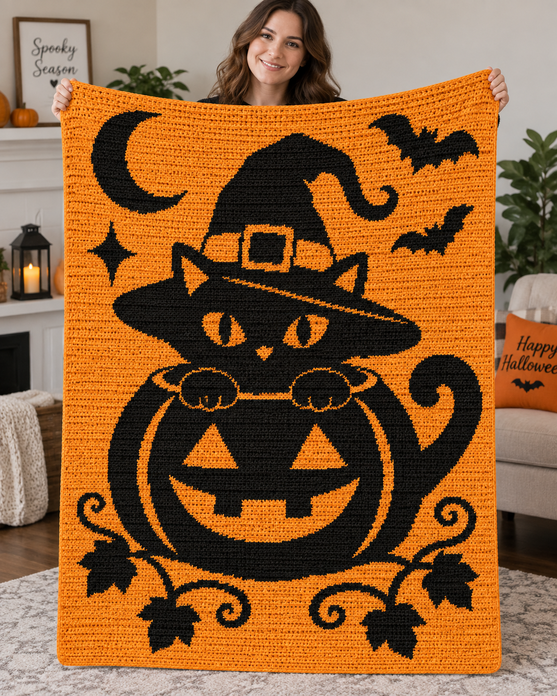 Pumpkin Witch Cat C2C Crochet Pattern-Digital Download
