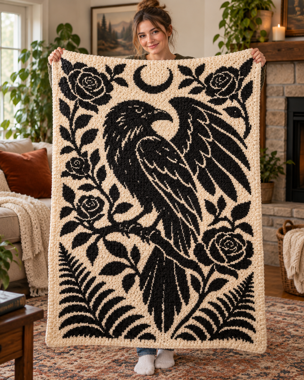 Raven and Roses C2C Crochet Mosaic Pattern-Digital Download