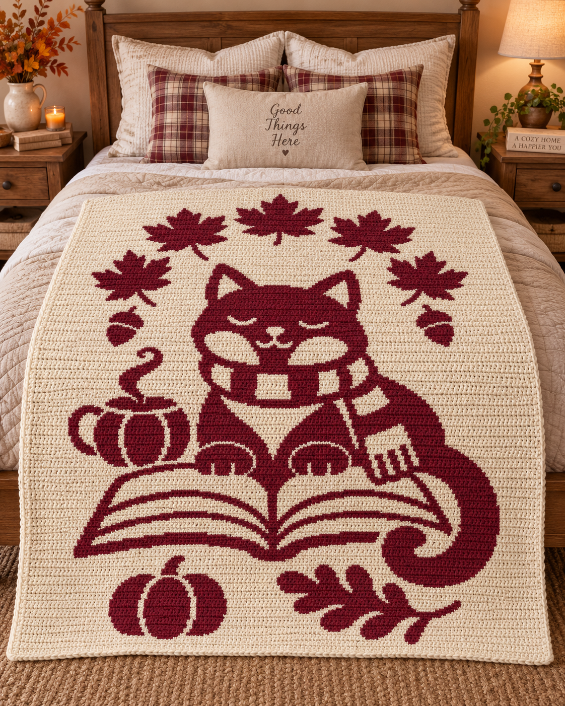 Reading Cat Autumn C2C Crochet Mosaic Pattern-Digital Download