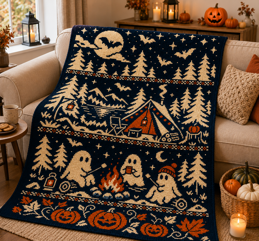 Halloween Campfire Ghosts C2C Crochet Mosaic Pattern-Digital Download