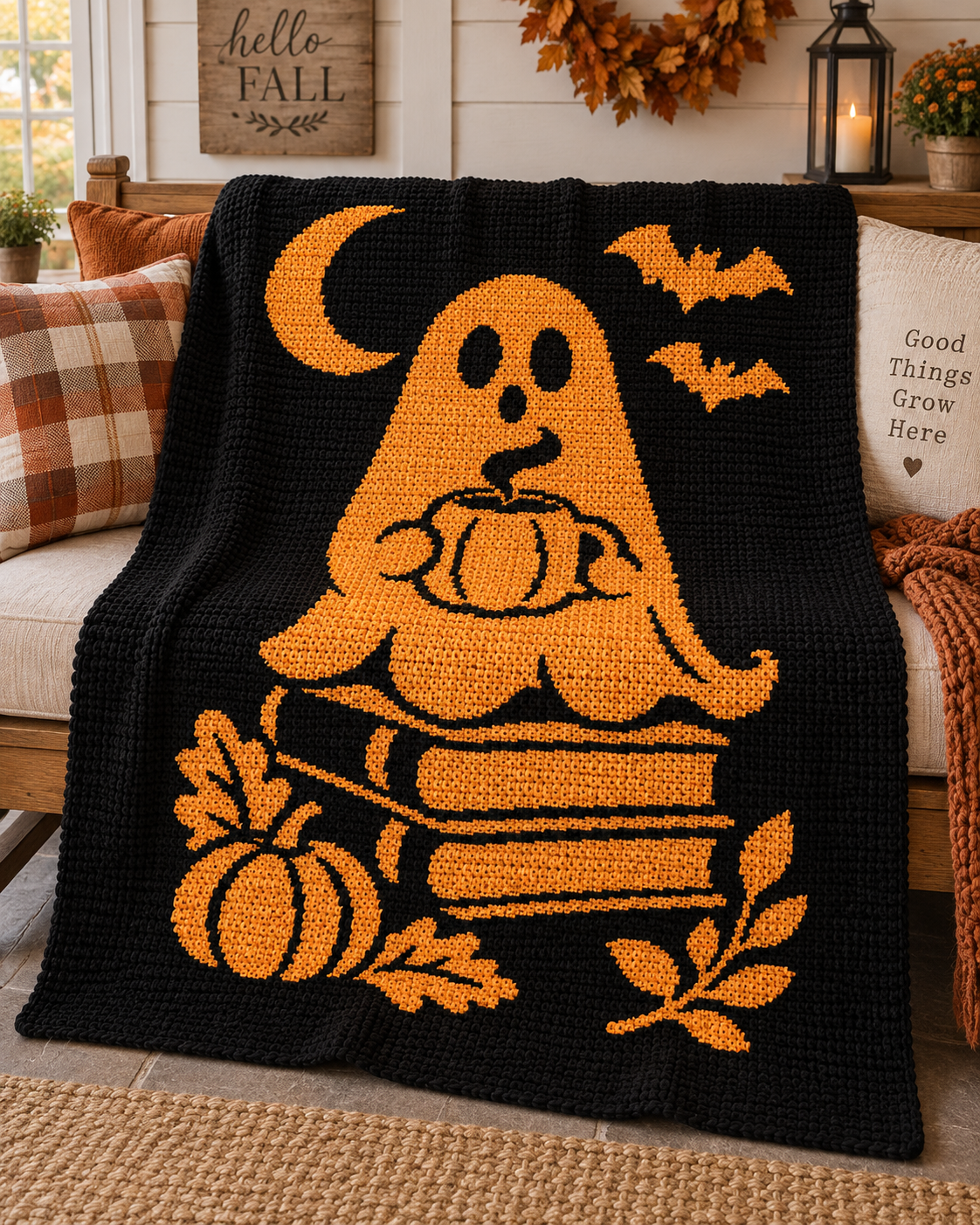 Ghost Pumpkin Halloween C2C Crochet Mosaic Pattern-Digital Download