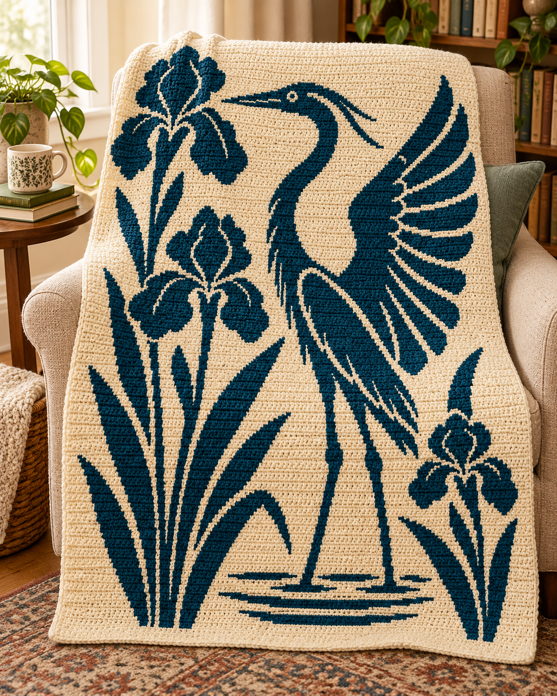 Heron and Irises C2C Crochet Mosaic Pattern-Digital Download