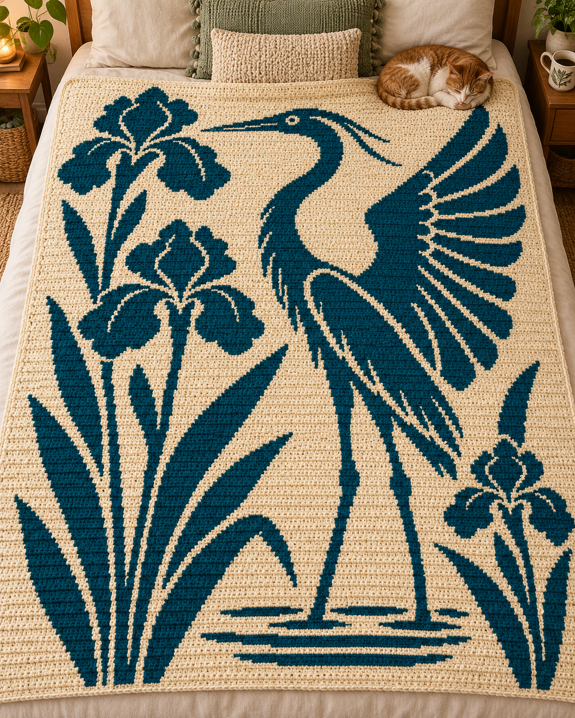 Heron and Irises C2C Crochet Mosaic Pattern-Digital Download