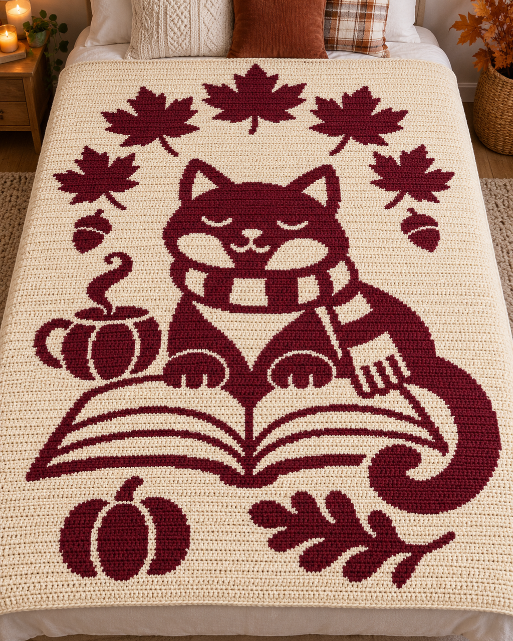 Reading Cat Autumn C2C Crochet Mosaic Pattern-Digital Download