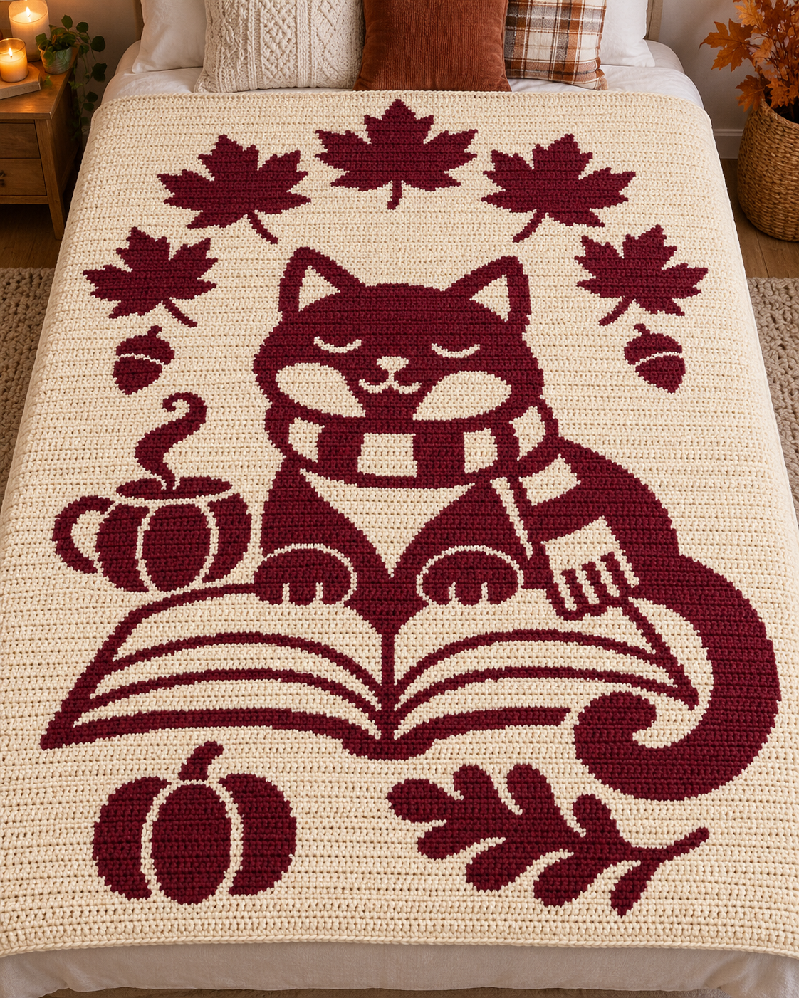 Reading Cat Autumn C2C Crochet Mosaic Pattern-Digital Download