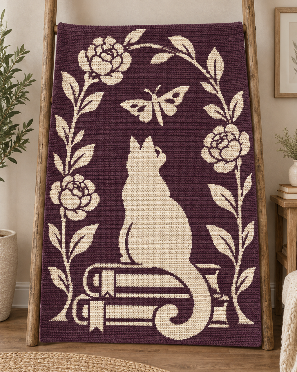 Cat Butterfly Book Arch C2C Crochet Mosaic Pattern-Digital Download
