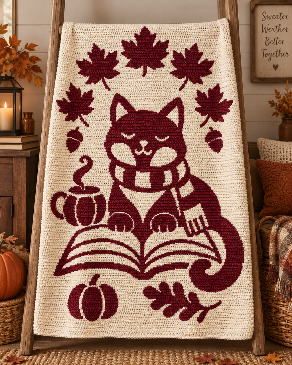 Reading Cat Autumn C2C Crochet Mosaic Pattern-Digital Download