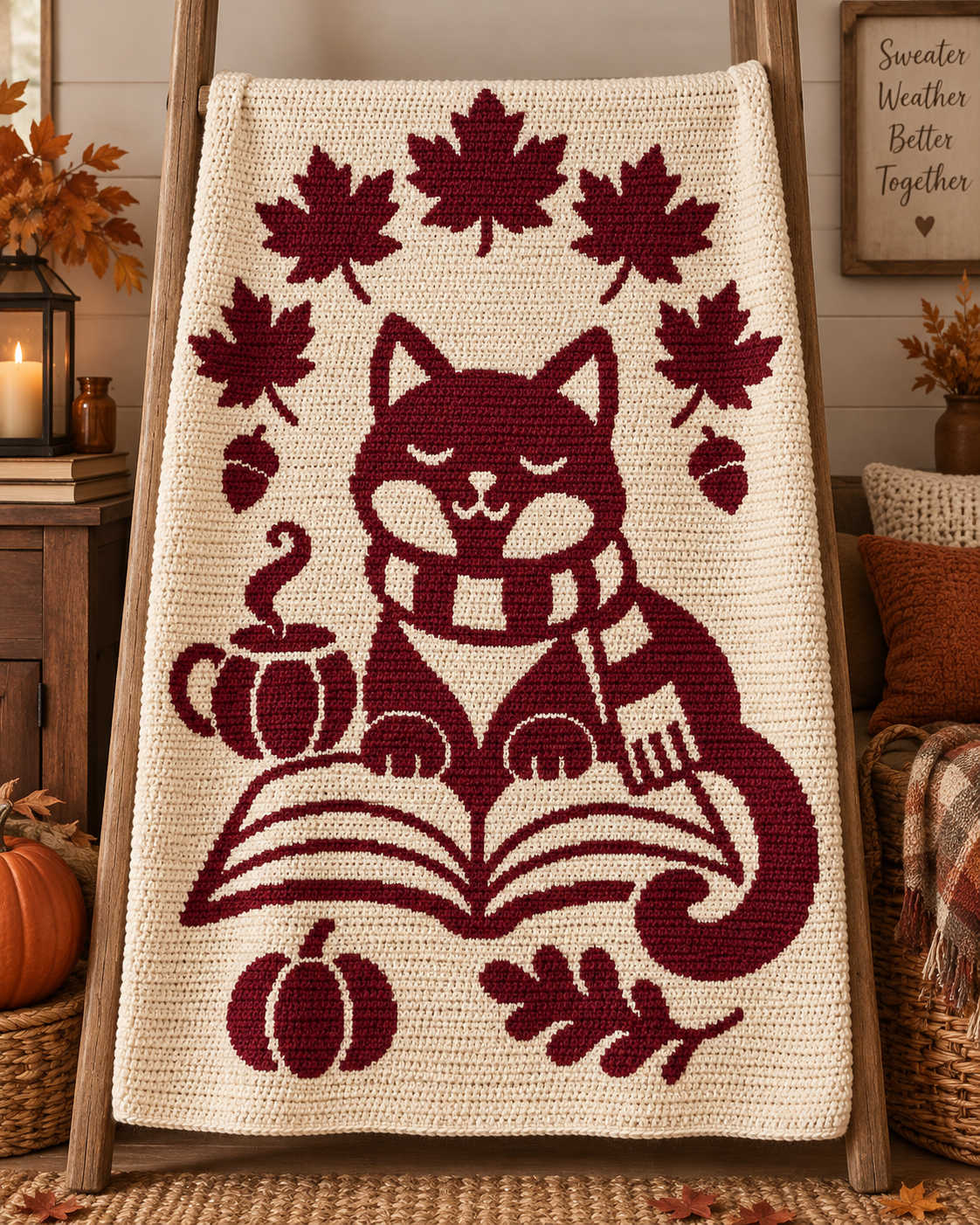Reading Cat Autumn C2C Crochet Mosaic Pattern-Digital Download