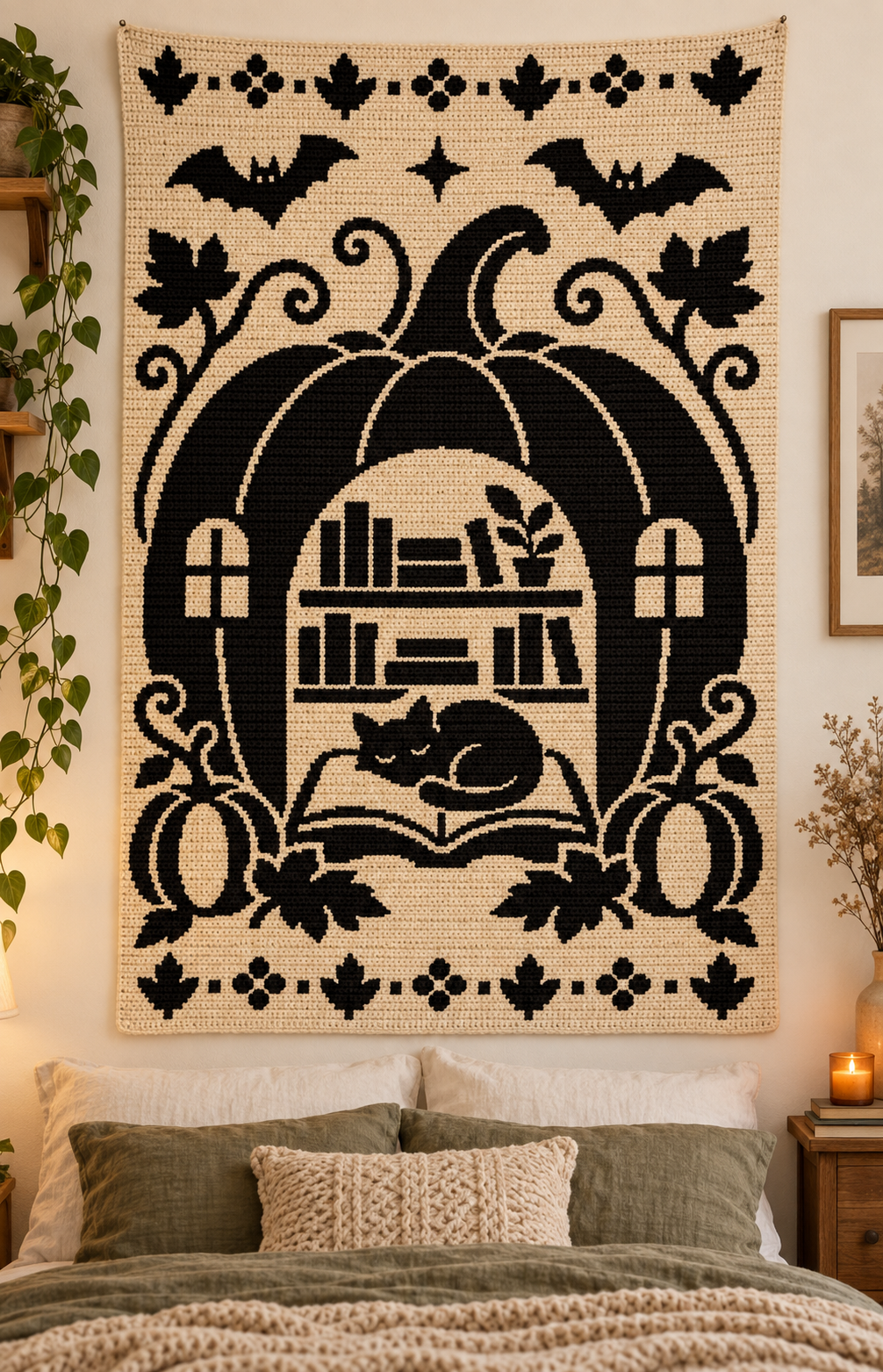 Halloween Library Cat C2C Crochet Mosaic Pattern-Digital Download