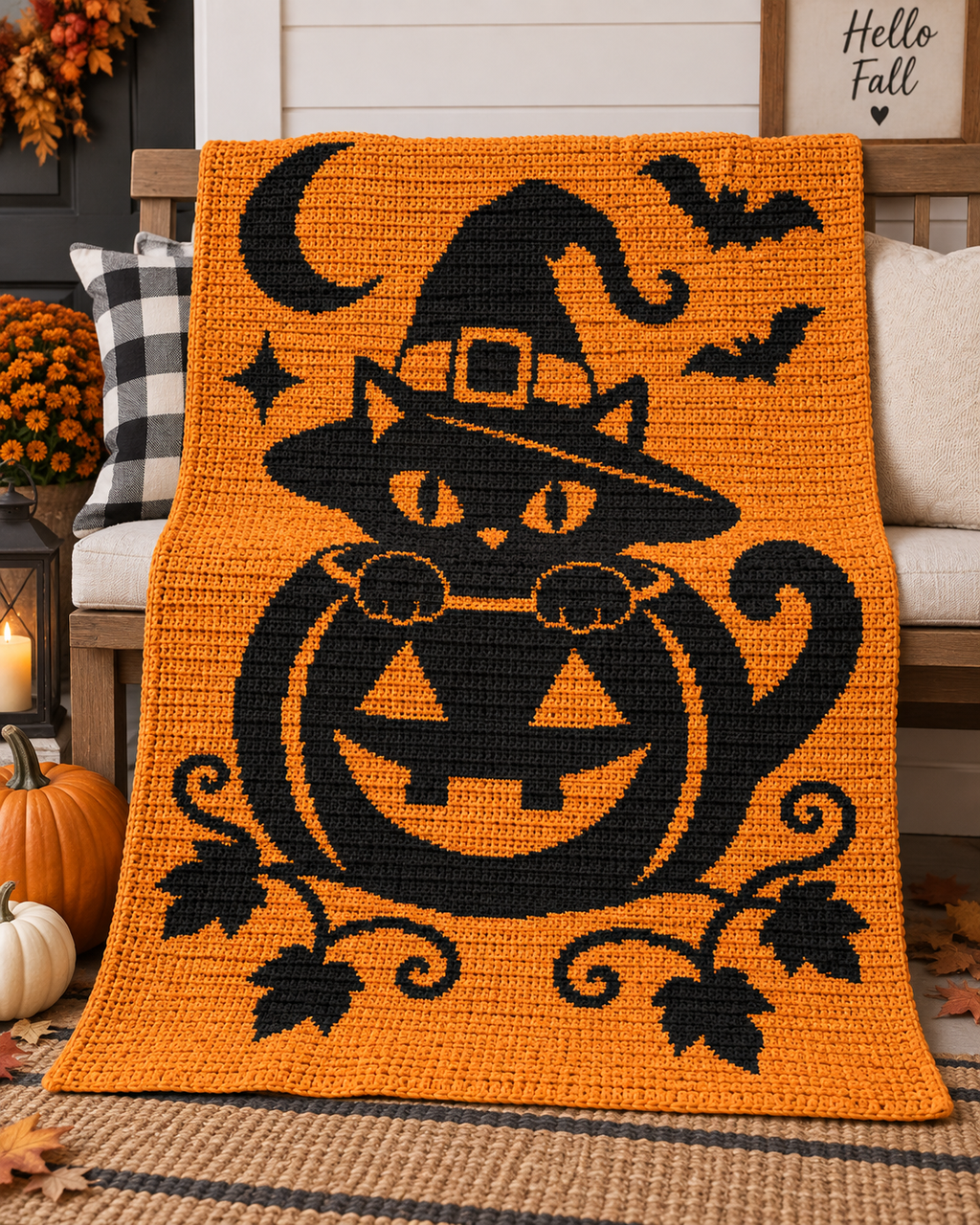 Pumpkin Witch Cat C2C Crochet Pattern-Digital Download