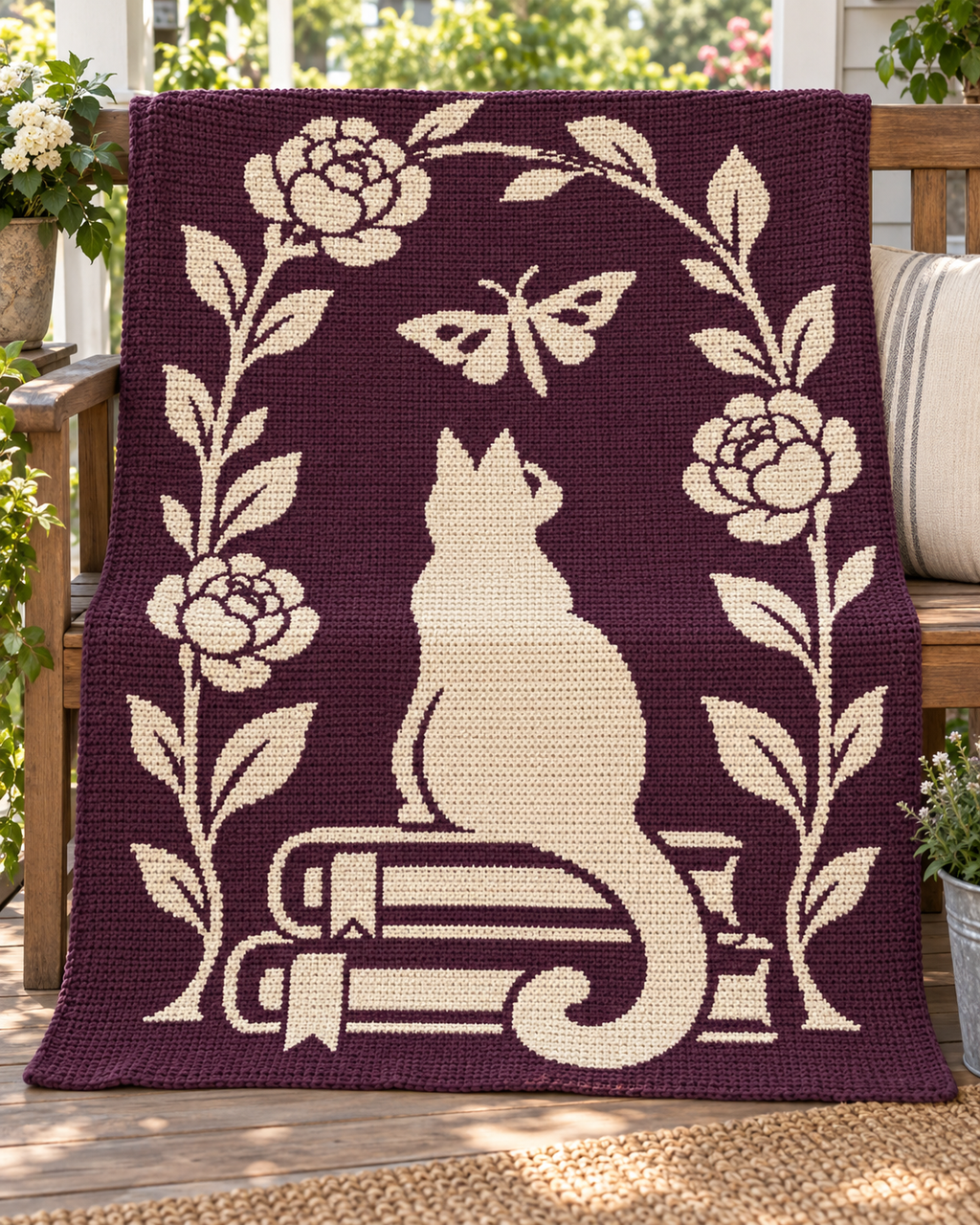 Cat Butterfly Book Arch C2C Crochet Mosaic Pattern-Digital Download
