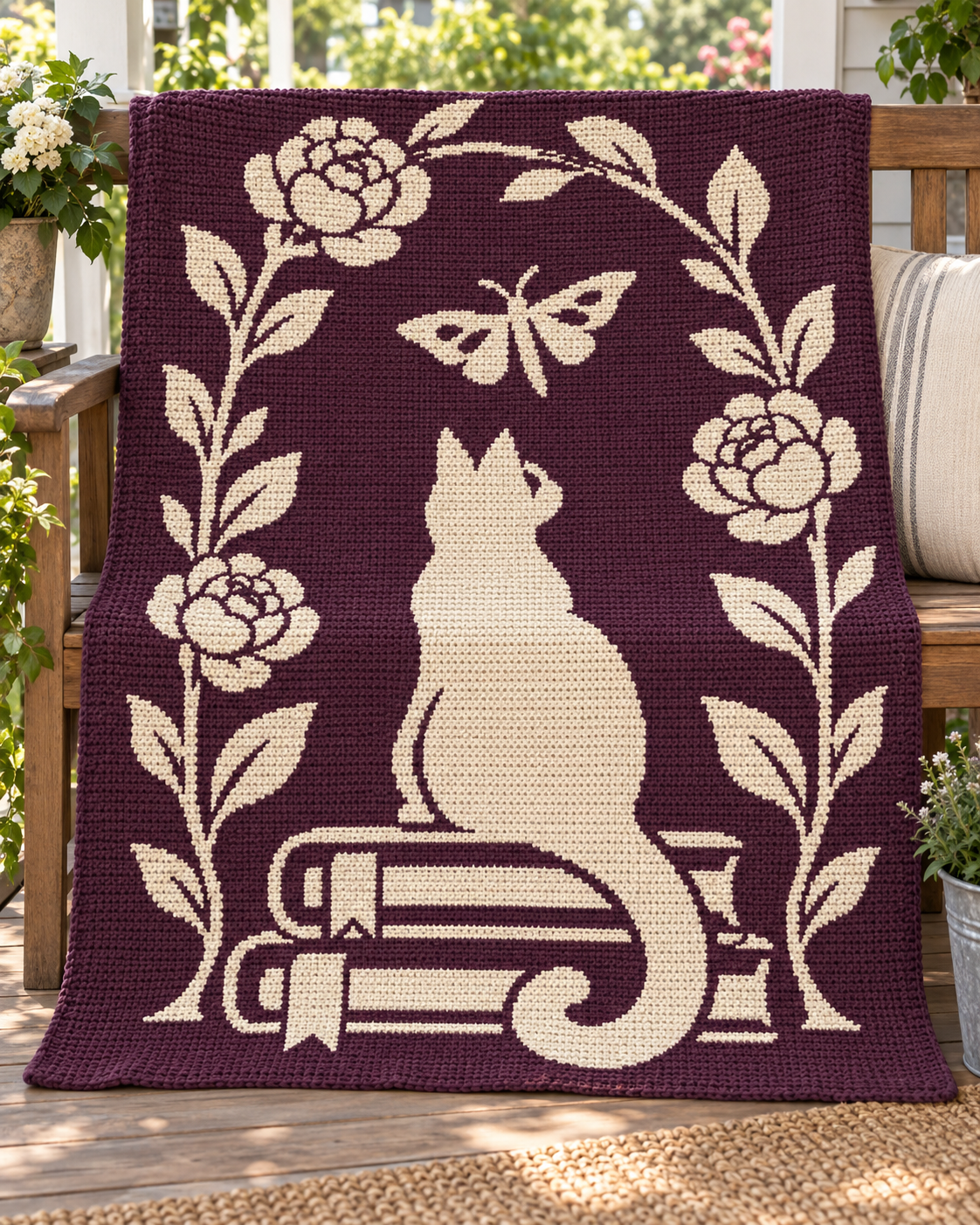 Cat Butterfly Book Arch C2C Crochet Mosaic Pattern-Digital Download
