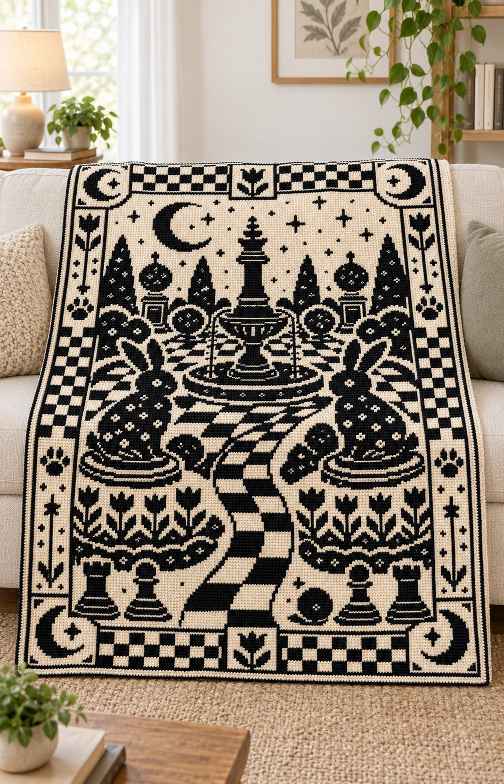 Moon Chess Rabbit Garden C2C Crochet Mosaic Pattern-Digital Download