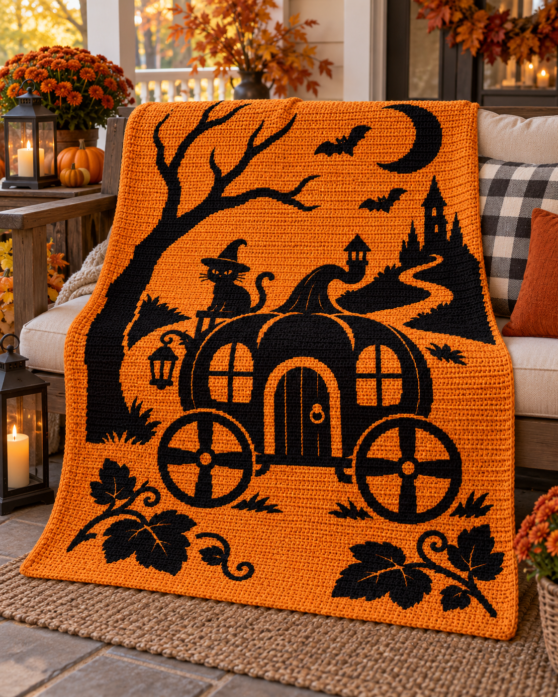Halloween Carriage Cat C2C Crochet Mosaic Pattern-Digital Download