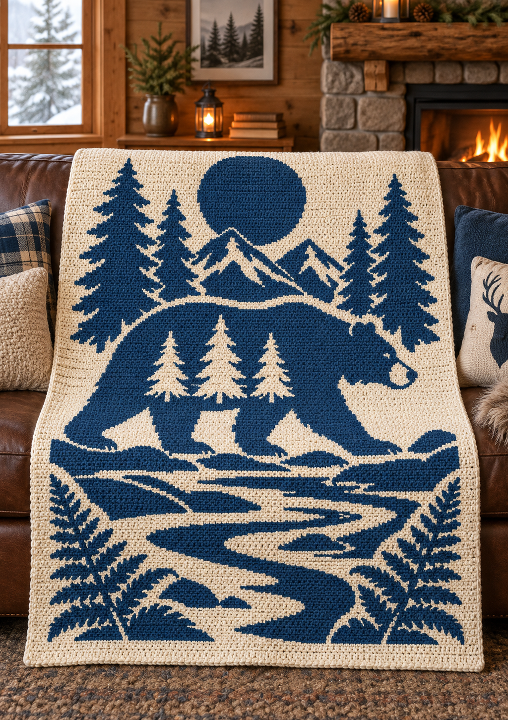 Bear Moon Mountains C2C Crochet Mosaic Pattern-Digital Download