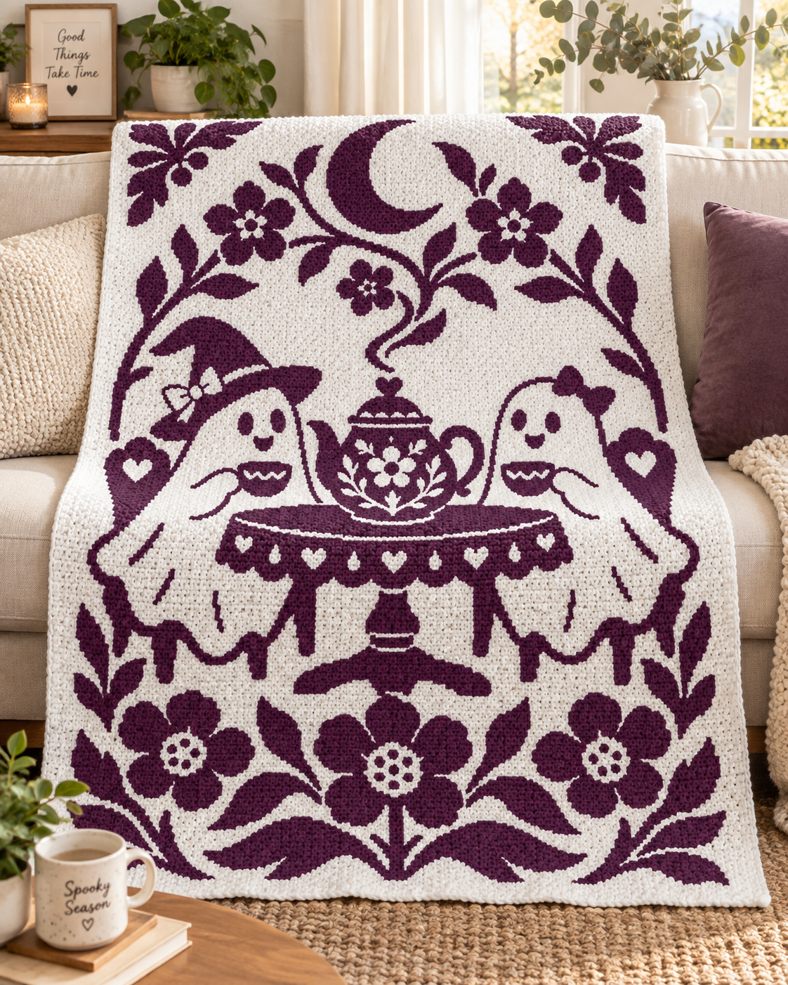 Ghost Tea Party C2C Crochet Mosaic Pattern-Digital Download