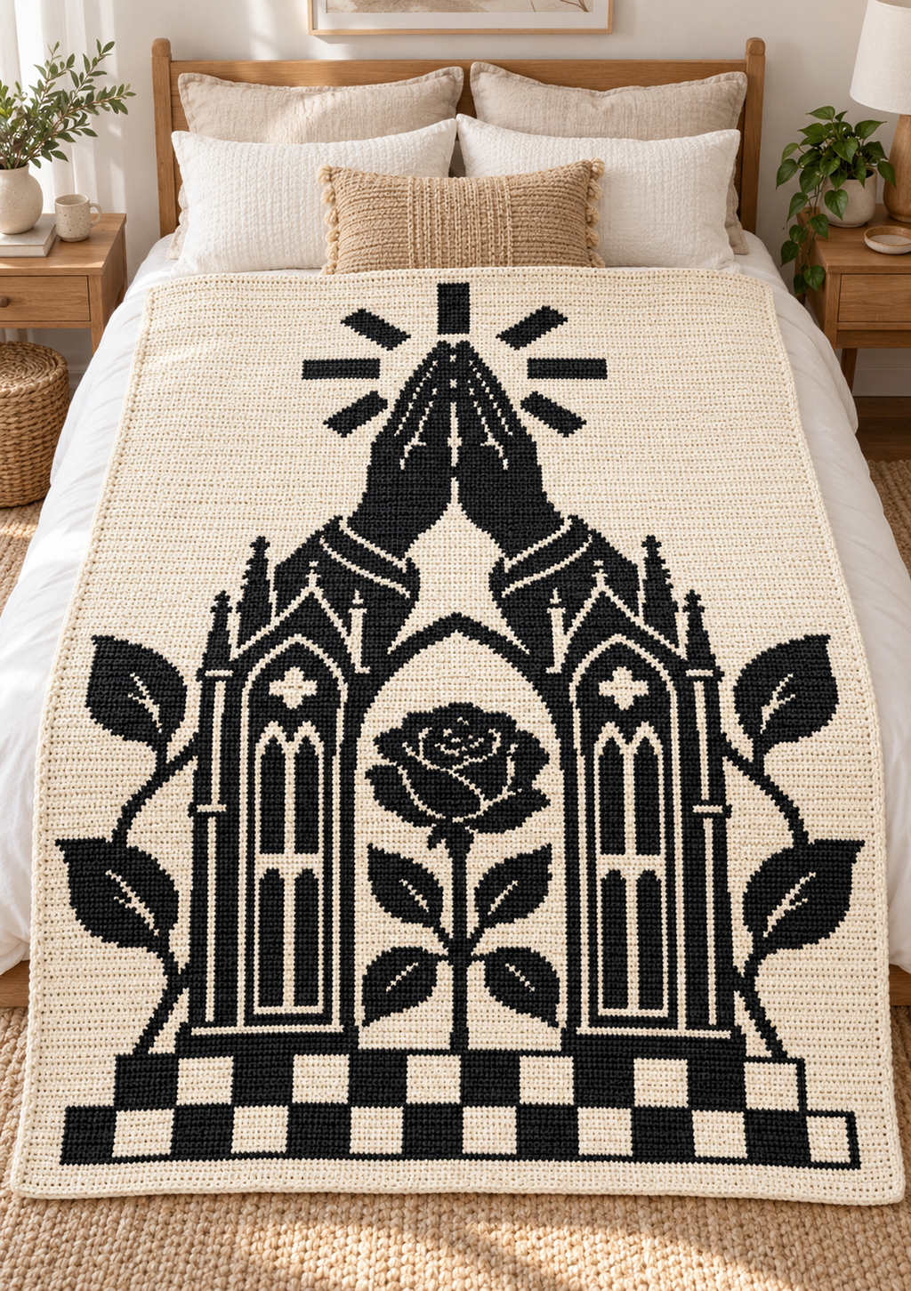 Praying Hands Gothic Rose C2C Crochet Mosaic Pattern-Digital Download