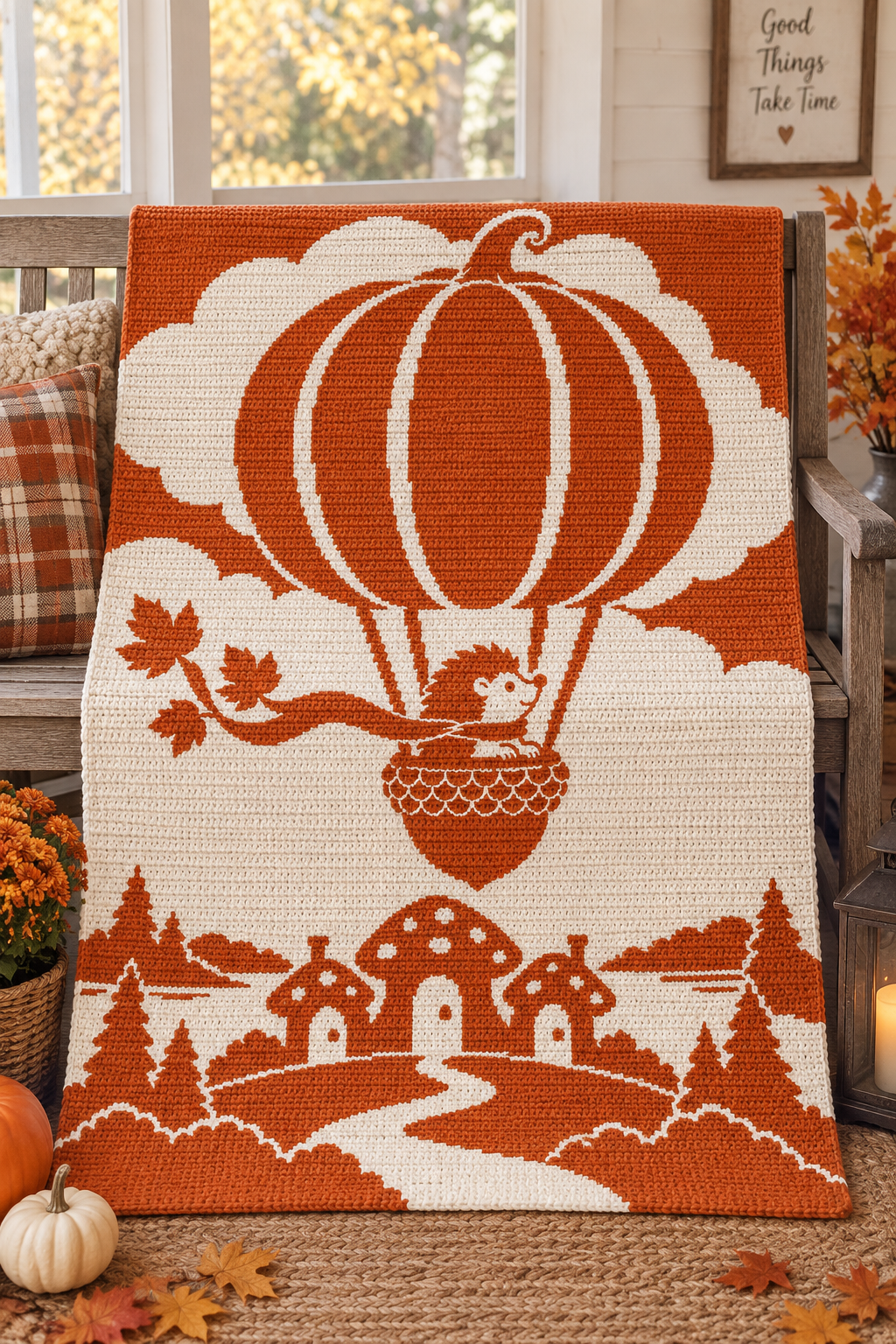 Hedgehog Pumpkin Balloon C2C Crochet Mosaic Pattern-Digital Download