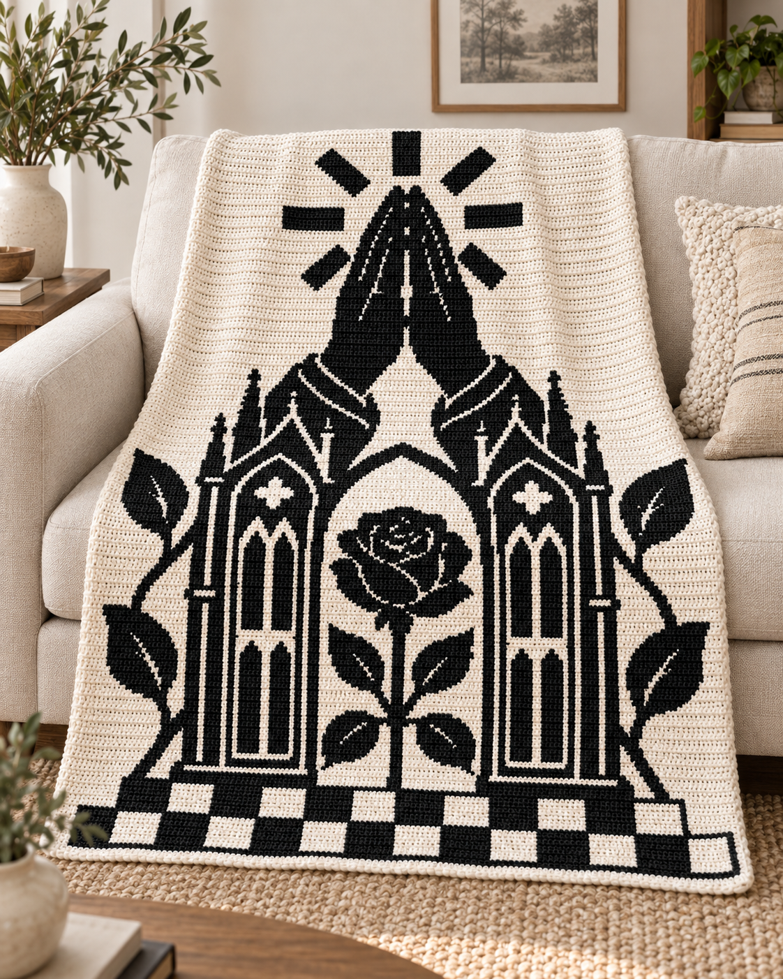Praying Hands Gothic Rose C2C Crochet Mosaic Pattern-Digital Download
