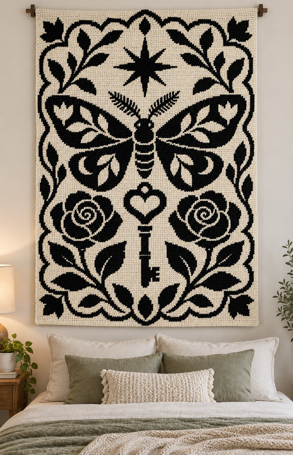Moth Rose Heart Key C2C Crochet Mosaic Pattern-Digital Download