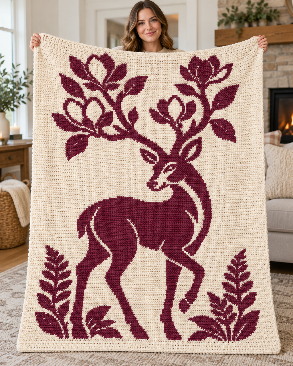 Flowering Antler Deer C2C Crochet Mosaic Pattern-Digital Download