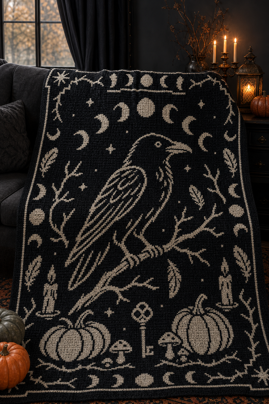 Raven Moon Pumpkin C2C Crochet Mosaic Pattern-Digital Download