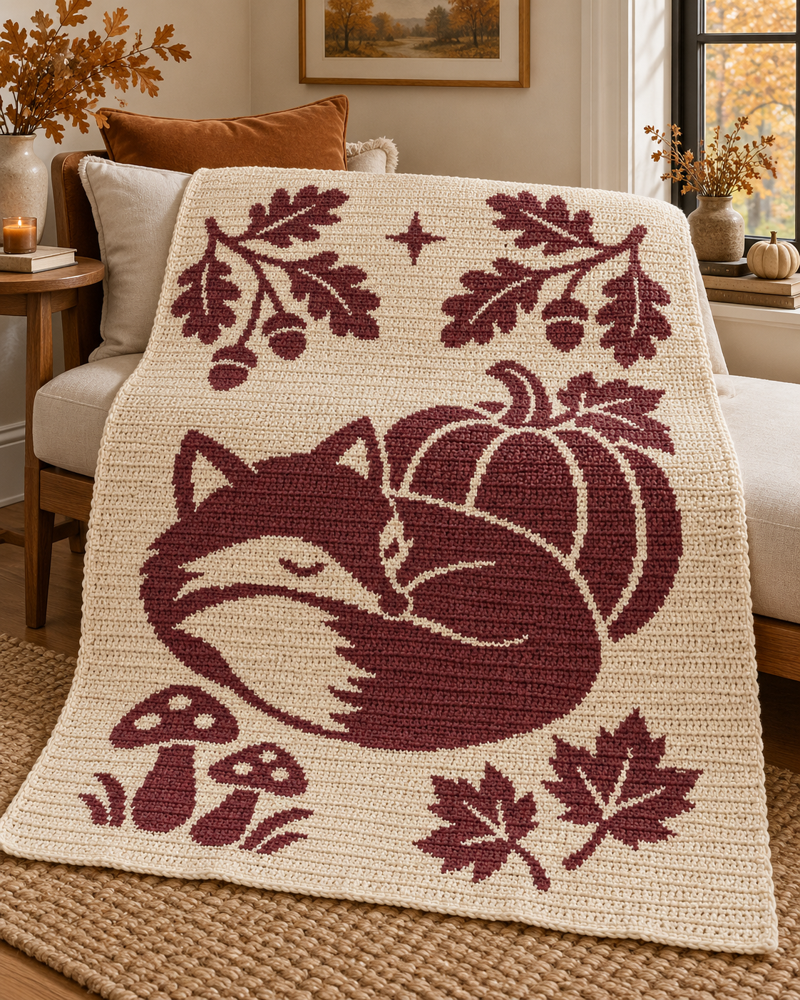 Sleeping Fox Autumn C2C Crochet Mosaic Pattern-Digital Download