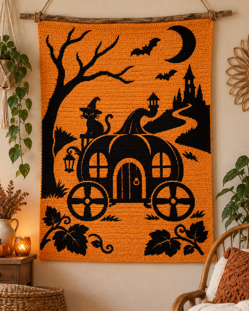 Halloween Carriage Cat C2C Crochet Mosaic Pattern-Digital Download