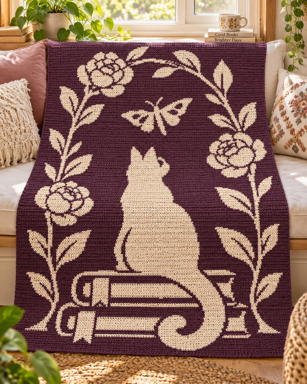 Cat Butterfly Book Arch C2C Crochet Mosaic Pattern-Digital Download