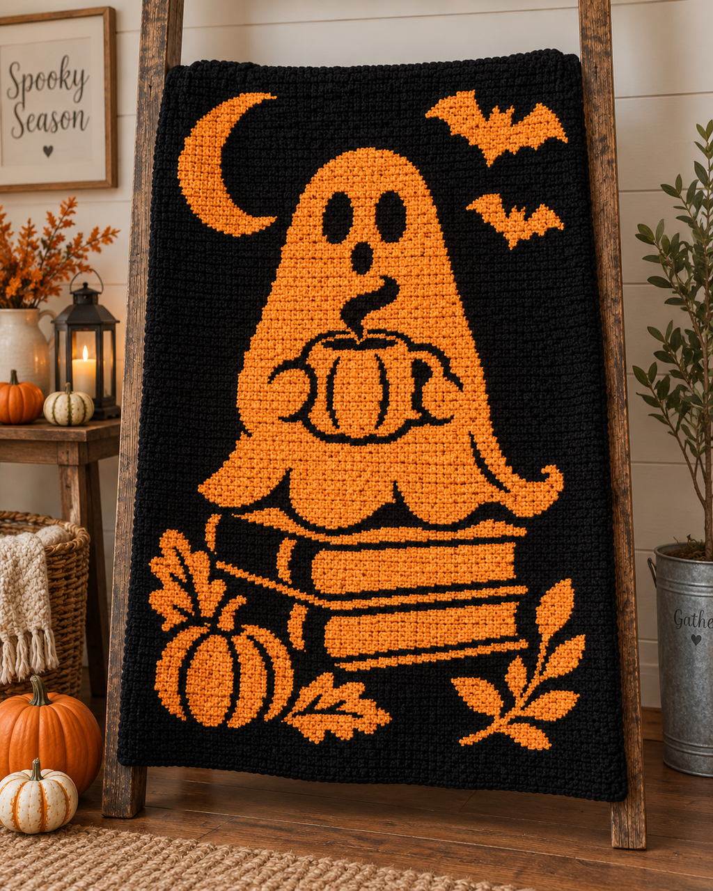 Ghost Pumpkin Halloween C2C Crochet Mosaic Pattern-Digital Download